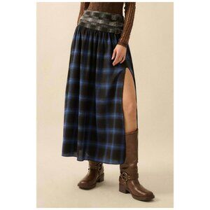 Fall 2025 Promesa Blue Flannel Drop-Waist Belted Maxi Skirt FSC0089